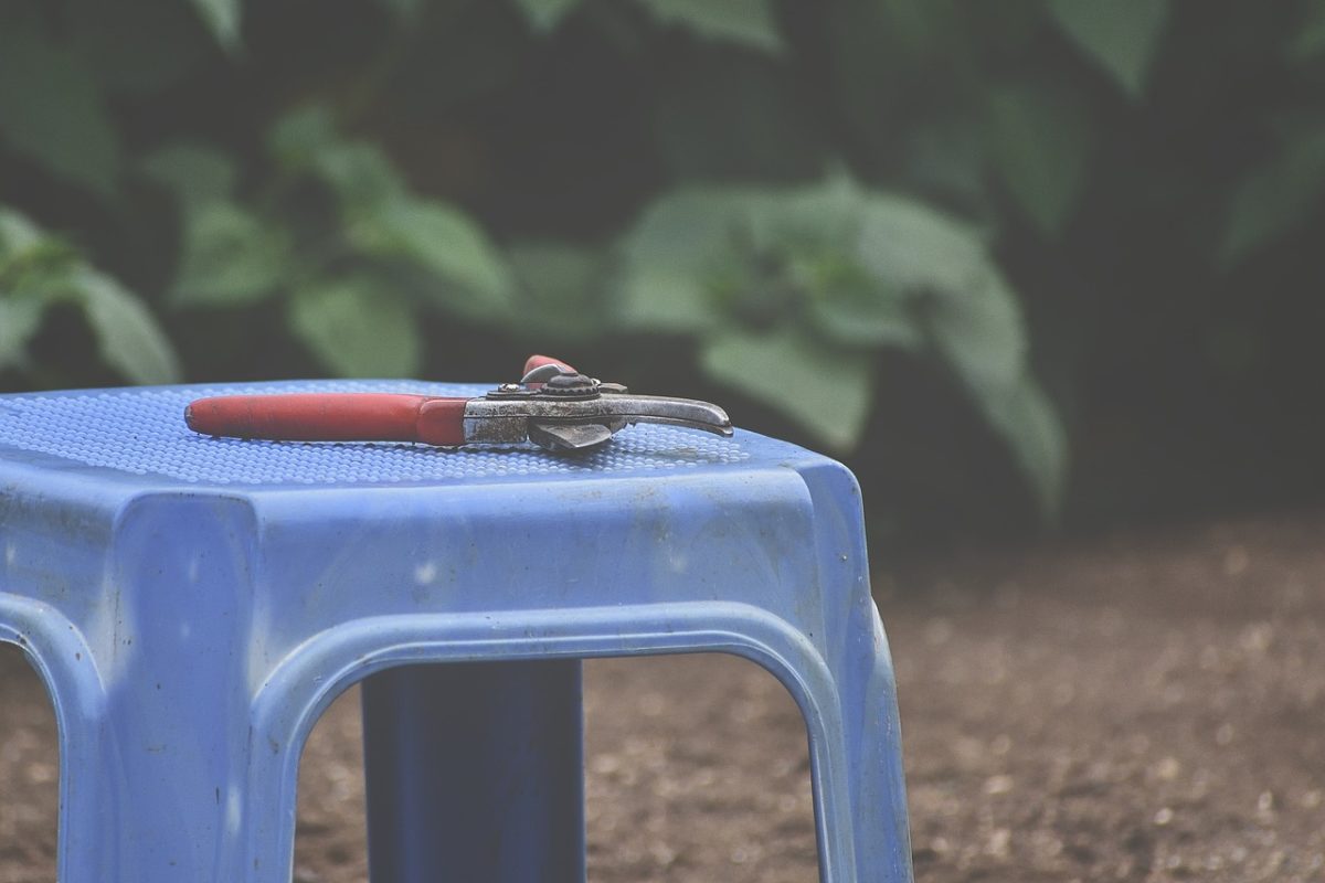 pruner, chair, garden, pruning shears, hand pruner, garden tool, nature, plastic chair, backyard, farm